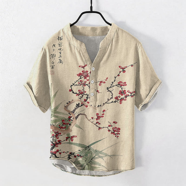 Buddha Stones Camicia da uomo a maniche corte con mezza abbottonatura, in cotone, con motivo a fiori di pruno e bambù. - Biancheria - US/UK/AU50, EU60 (5XL) - image 5