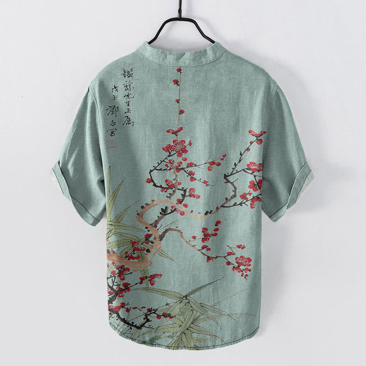 Buddha Stones Camicia da uomo a maniche corte con mezza abbottonatura, in cotone, con motivo a fiori di pruno e bambù. - image 8