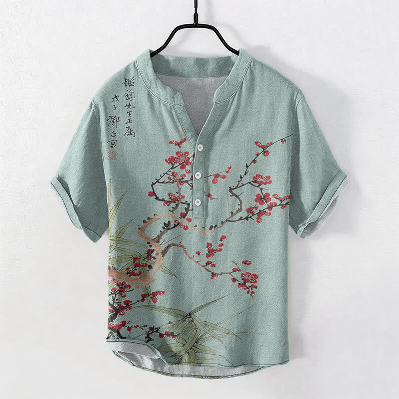 Buddha Stones Camicia da uomo a maniche corte con mezza abbottonatura, in cotone, con motivo a fiori di pruno e bambù. - Turchese - US/UK/AU50, EU60 (5XL) - image 7