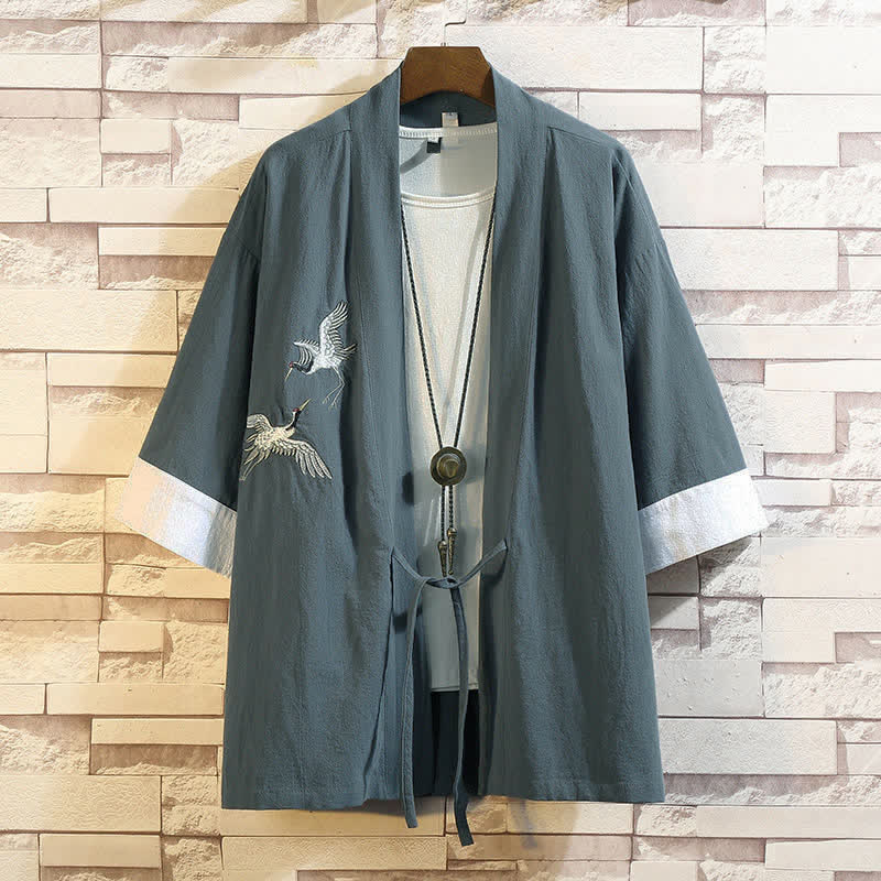 Buddha Stones Kimono da uomo a maniche a tre quarti, stile casual, vintage, con ricamo di gru, ideale per la primavera/estate. - Gru bianca CadetBlue - US/UK/AU46, EU56 (5XL) - image 0