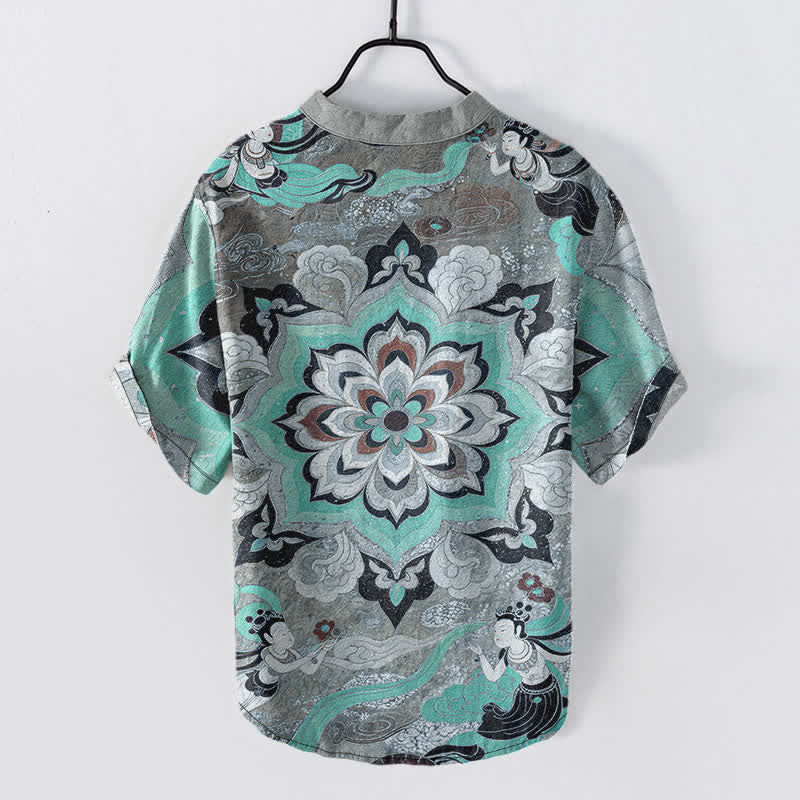Buddha Stones Camicia da uomo a maniche corte con mezza abbottonatura, in cotone, con motivo mandala e loto. - image 6