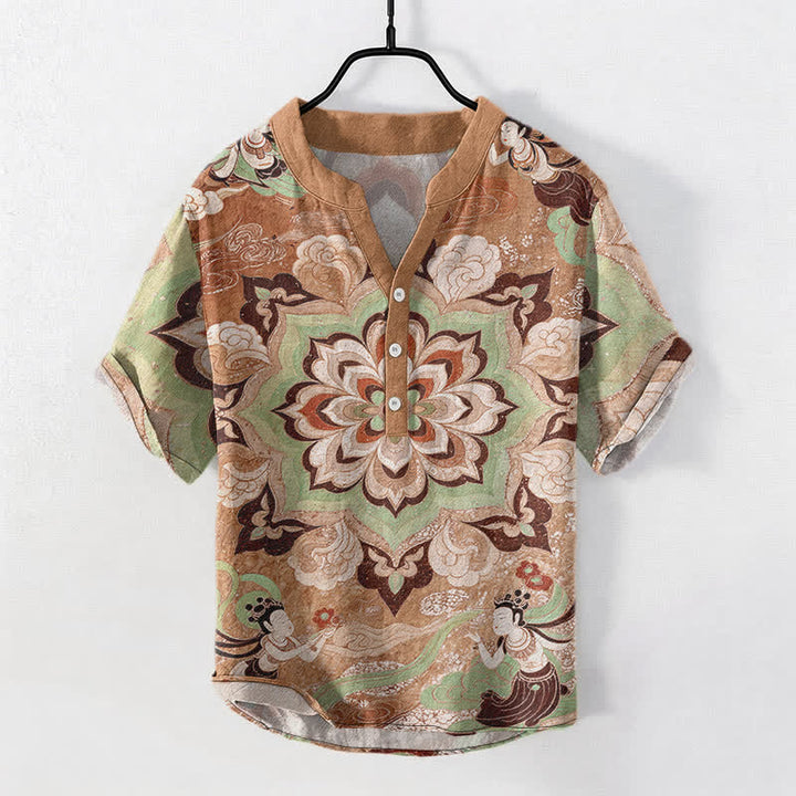 Buddha Stones Camicia da uomo a maniche corte con mezza abbottonatura, in cotone, con motivo mandala e loto. - Legno robusto - US/UK/AU50, EU60 (5XL) - image 7