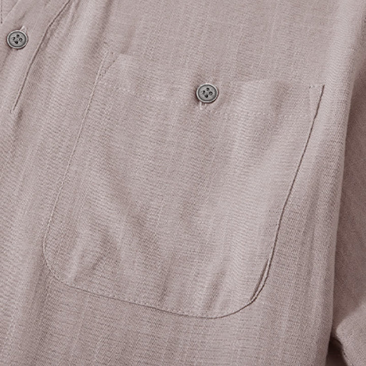 Buddha Stones Camicia da uomo estiva casual a maniche corte in cotone e lino, stile Tang, con colletto alla coreana e taschino. - image 4