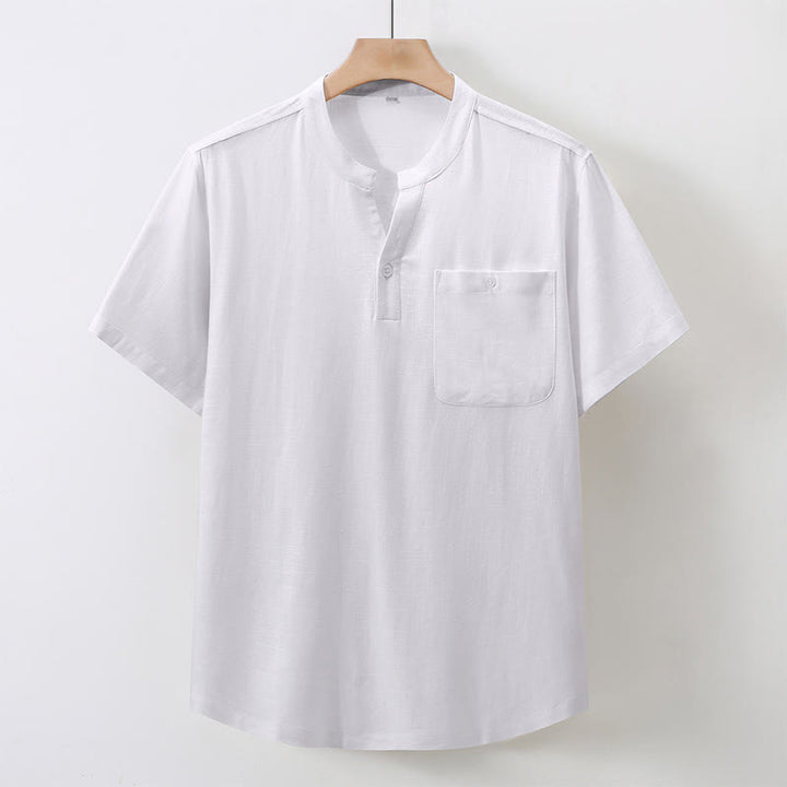 Buddha Stones Camicia da uomo estiva casual a maniche corte in cotone e lino, stile Tang, con colletto alla coreana e taschino. - Bianco - US/UK/AU46, EU56 (5XL) - image 10