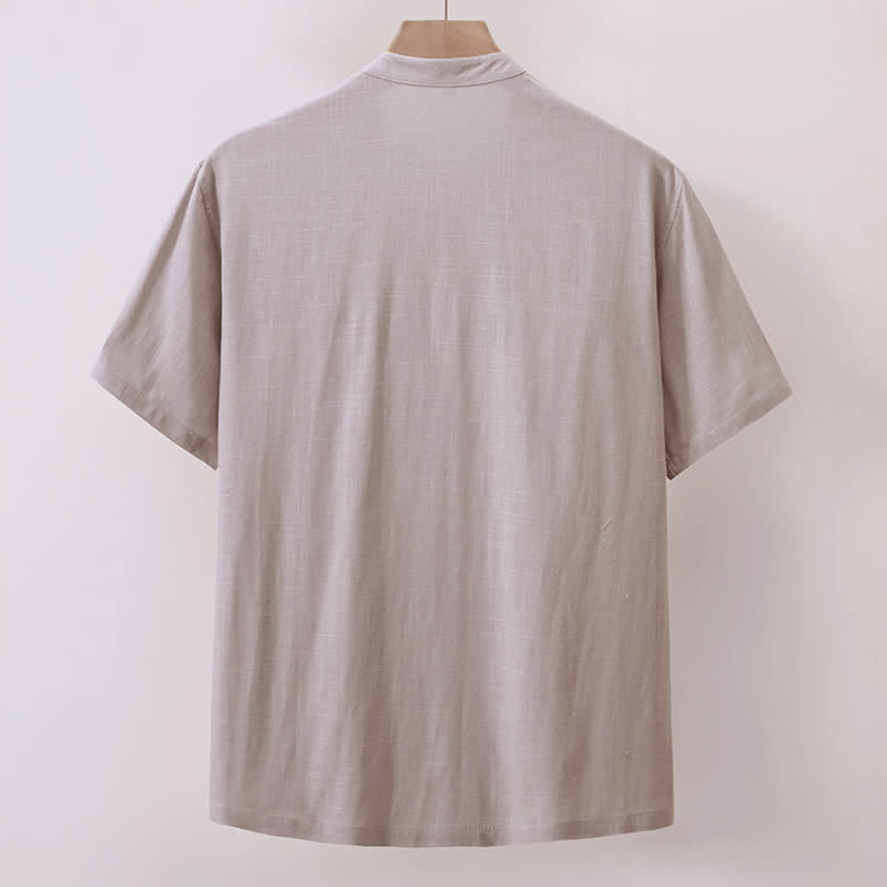 Buddha Stones Camicia da uomo estiva casual a maniche corte in cotone e lino, stile Tang, con colletto alla coreana e taschino. - image 2