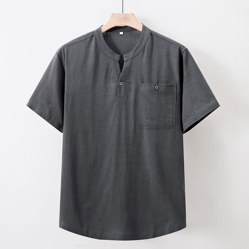 Buddha Stones Camicia da uomo estiva casual a maniche corte in cotone e lino, stile Tang, con colletto alla coreana e taschino. - Grigio tenue - US/UK/AU46, EU56 (5XL) - image 0