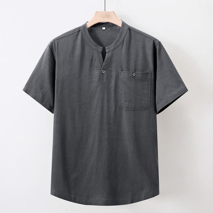 Buddha Stones Camicia da uomo estiva casual a maniche corte in cotone e lino, stile Tang, con colletto alla coreana e taschino. - Grigio tenue - US/UK/AU46, EU56 (5XL) - image 0