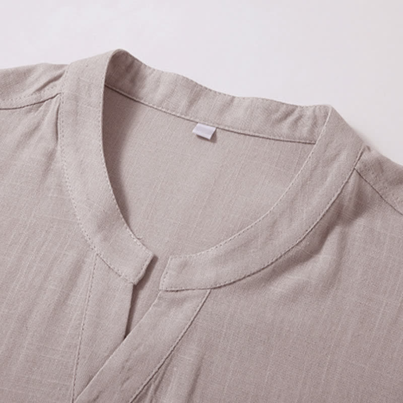 Buddha Stones Camicia da uomo estiva casual a maniche corte in cotone e lino, stile Tang, con colletto alla coreana e taschino. - image 3