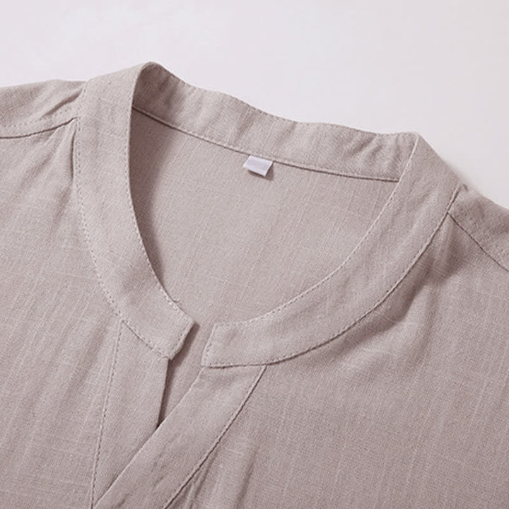 Buddha Stones Camicia da uomo estiva casual a maniche corte in cotone e lino, stile Tang, con colletto alla coreana e taschino. - image 3