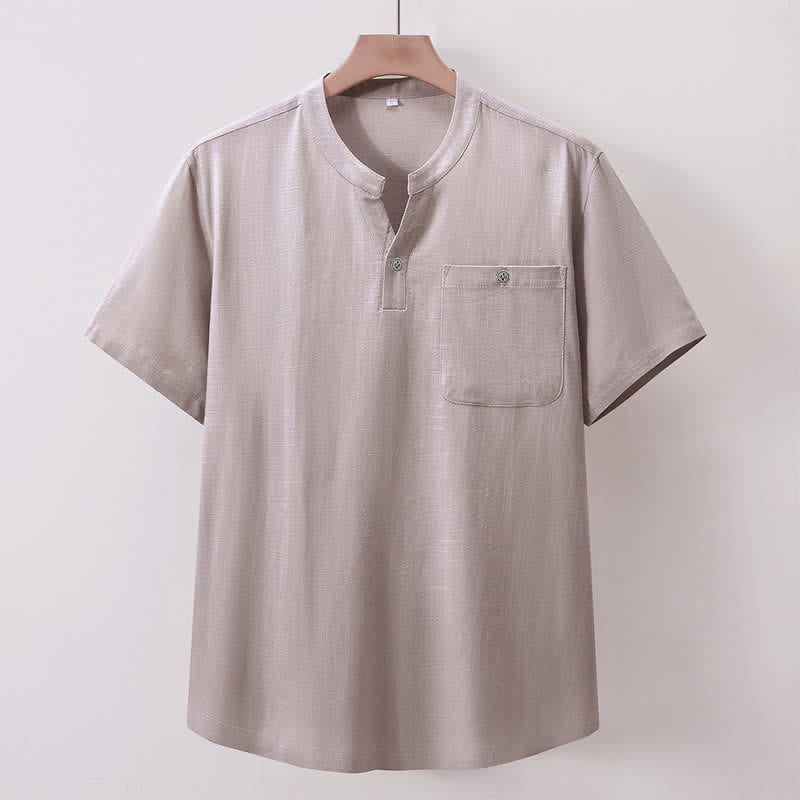 Buddha Stones Camicia da uomo estiva casual a maniche corte in cotone e lino, stile Tang, con colletto alla coreana e taschino. - Grigio chiaro - US/UK/AU46, EU56 (5XL) - image 1