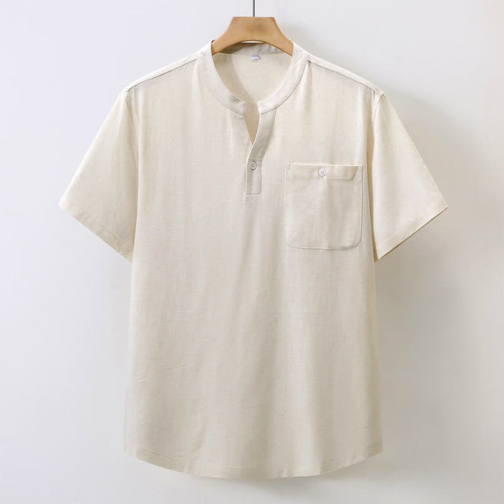 Buddha Stones Camicia da uomo estiva casual a maniche corte in cotone e lino, stile Tang, con colletto alla coreana e taschino. - Beige - US/UK/AU46, EU56 (5XL) - image 9