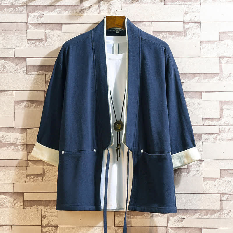 Buddha Stones Kimono da uomo primaverile/estivo, casual, minimalista, tinta unita, maniche a tre quarti, con tasche. - SteelBlue - US/UK/AU46, EU56 (5XL) - image 0