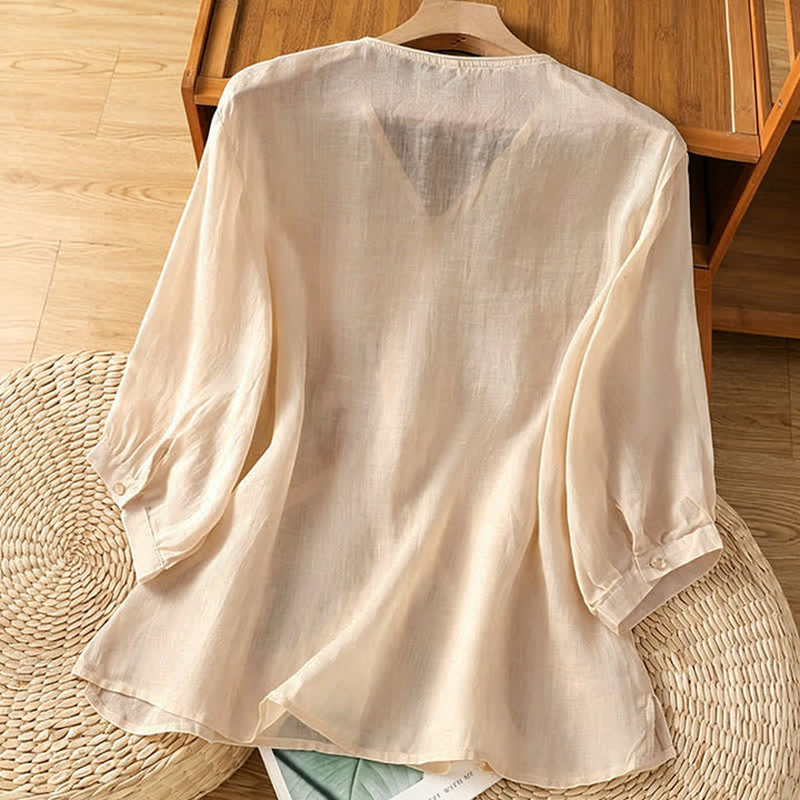 Buddha Stones Camicie da donna a maniche a tre quarti in stile vintage Tang con ricami floreali, perfette per l'estate. - image 13