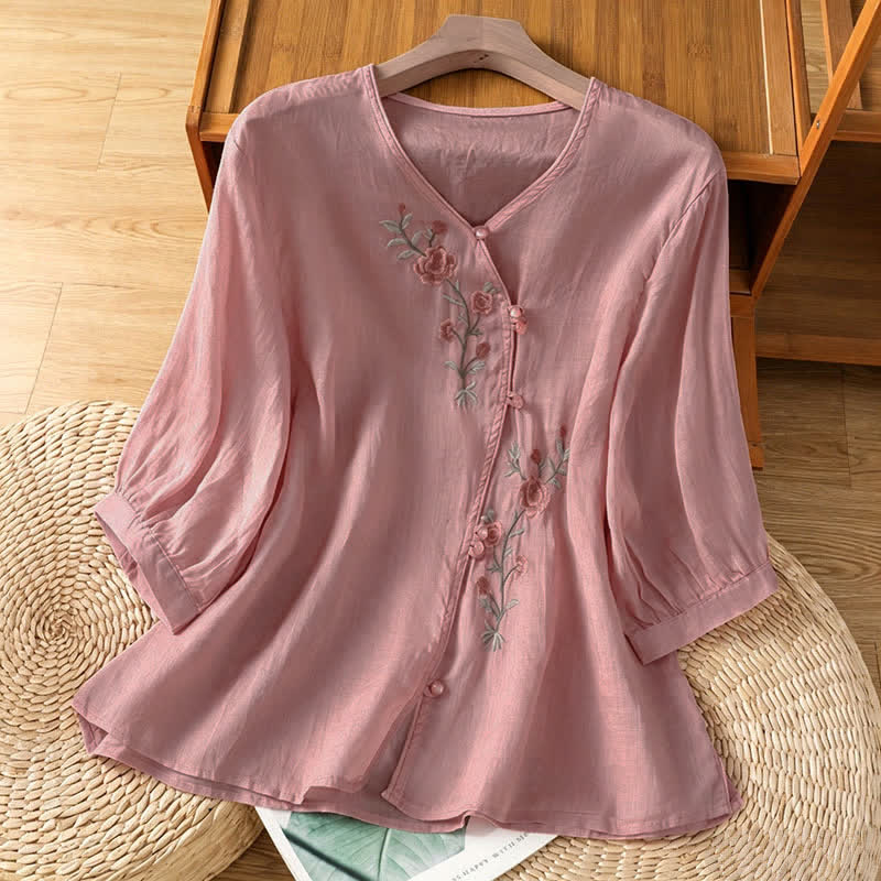 Buddha Stones Camicie da donna a maniche a tre quarti in stile vintage Tang con ricami floreali, perfette per l'estate. - Rosa chiaro - US8-10, UK/AU12-14, EU40-42 (2XL) - image 8