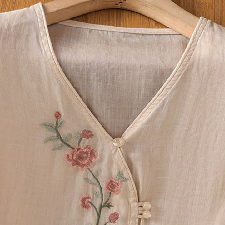 Buddha Stones Camicie da donna a maniche a tre quarti in stile vintage Tang con ricami floreali, perfette per l'estate. - image 14