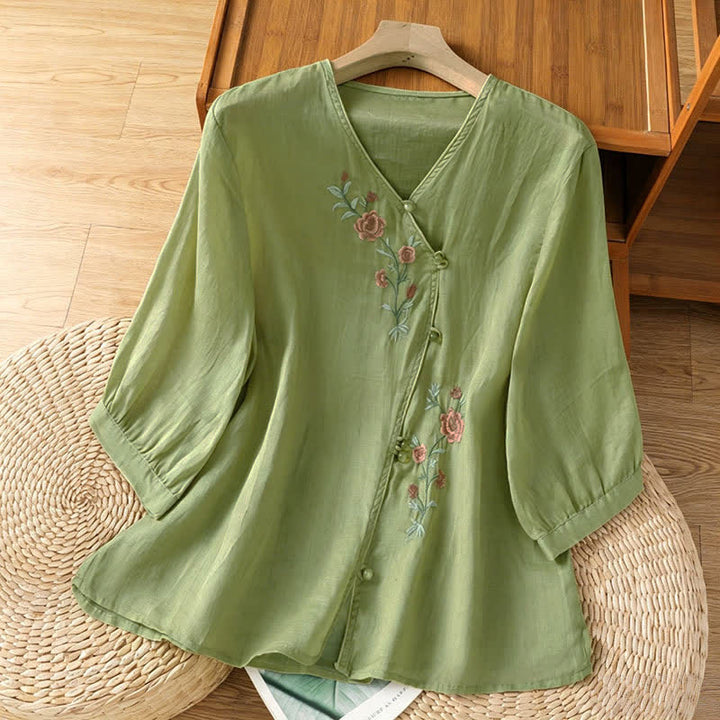 Buddha Stones Camicie da donna a maniche a tre quarti in stile vintage Tang con ricami floreali, perfette per l'estate. - Verde Mare Scuro - US8-10, UK/AU12-14, EU40-42 (2XL) - image 3