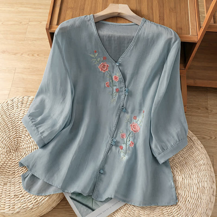 Buddha Stones Camicie da donna a maniche a tre quarti in stile vintage Tang con ricami floreali, perfette per l'estate. - Azzurro polvere - US8-10, UK/AU12-14, EU40-42 (2XL) - image 0