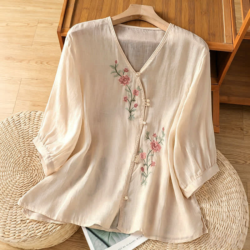 Buddha Stones Camicie da donna a maniche a tre quarti in stile vintage Tang con ricami floreali, perfette per l'estate. - Beige - US8-10, UK/AU12-14, EU40-42 (2XL) - image 12