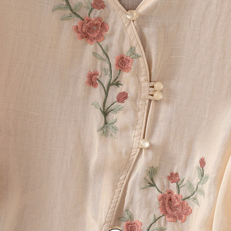 Buddha Stones Camicie da donna a maniche a tre quarti in stile vintage Tang con ricami floreali, perfette per l'estate. - image 15