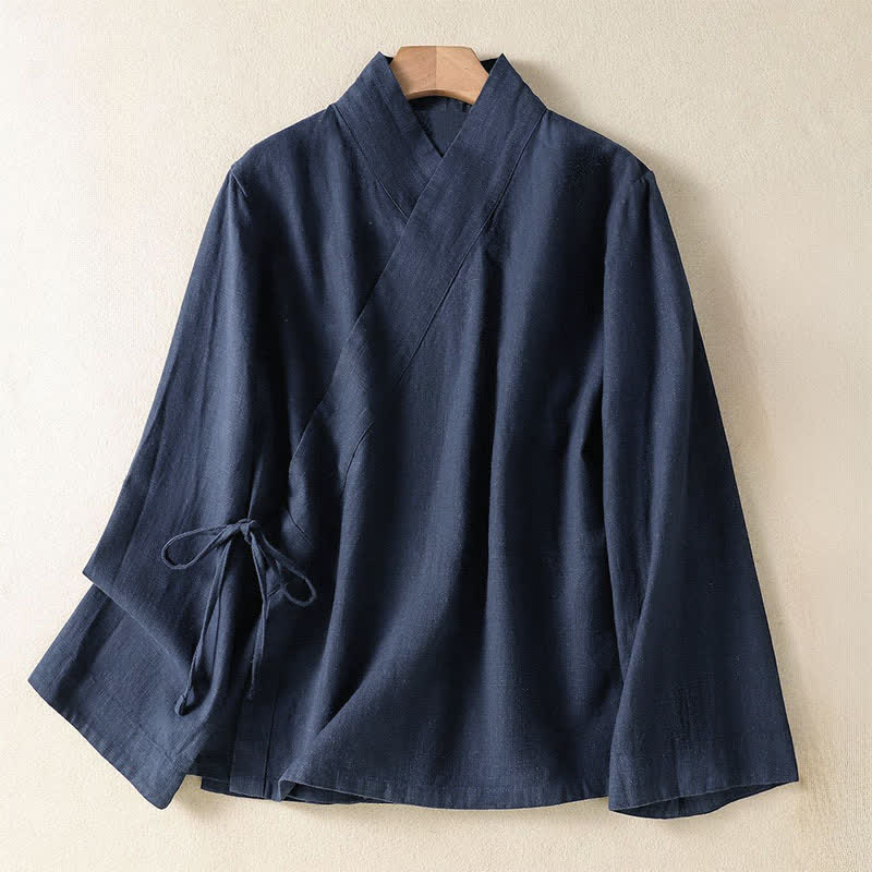 Buddha Stones Camicia da donna a maniche lunghe, stile casual primavera/estate, con scollo a V e coulisse, tinta unita. - Blu notte - US12, UK/AU16, EU44 (3XL) - image 0