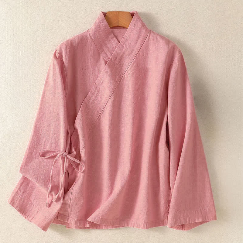 Buddha Stones Camicia da donna a maniche lunghe, stile casual primavera/estate, con scollo a V e coulisse, tinta unita. - Rosa chiaro - US12, UK/AU16, EU44 (3XL) - image 6