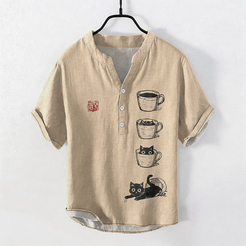 Buddha Stones Camicia da uomo a maniche corte con mezzo bottone, in cotone, con stampa di gatti e tazze impilate. - Tan - US/UK/AU50, EU60 (5XL) - image 5
