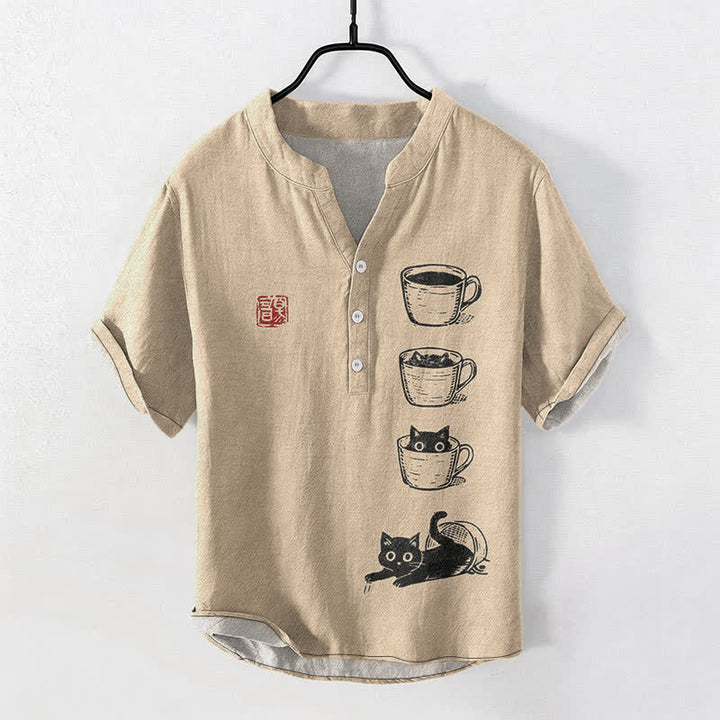 Buddha Stones Camicia da uomo a maniche corte con mezzo bottone, in cotone, con stampa di gatti e tazze impilate. - Tan - US/UK/AU50, EU60 (5XL) - image 5
