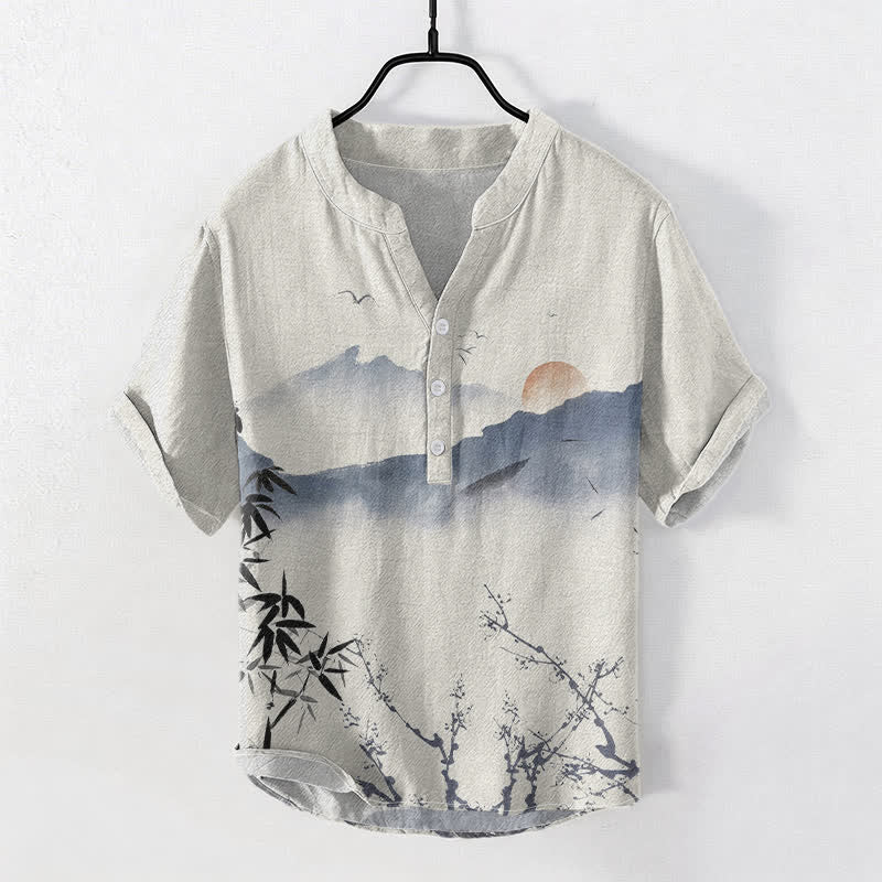Buddha Stones Camicia da uomo a maniche corte con mezza abbottonatura, stampa su montagna e sole, in cotone, con motivo inchiostro. - Beige - US/UK/AU50, EU60 (5XL) - image 0