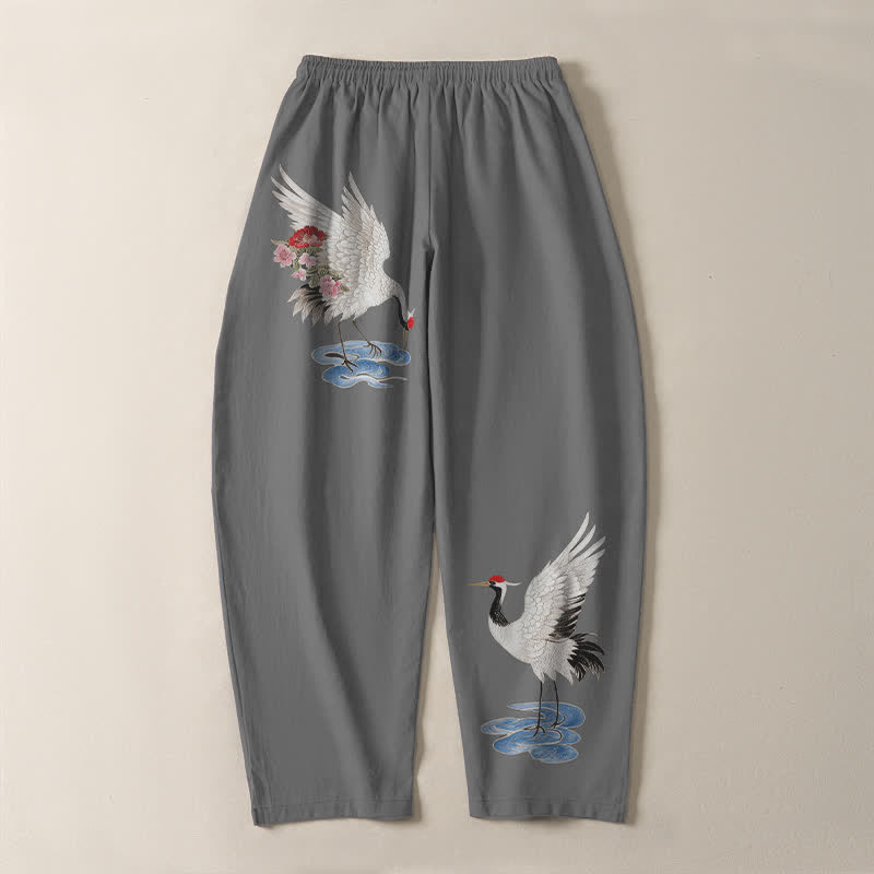 Buddha Stones Pantaloni da uomo affusolati in puro cotone con coulisse e tasche, fantasia a gru e corona rossa. - image 10
