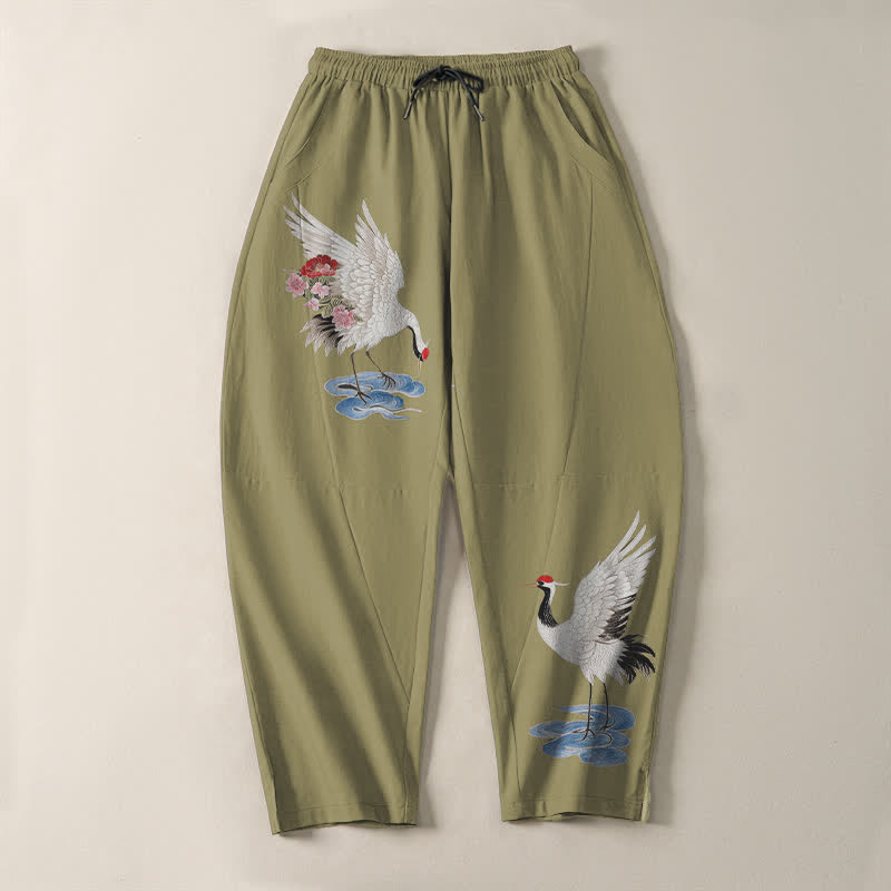 Buddha Stones Pantaloni da uomo affusolati in puro cotone con coulisse e tasche, fantasia a gru e corona rossa. - image 13