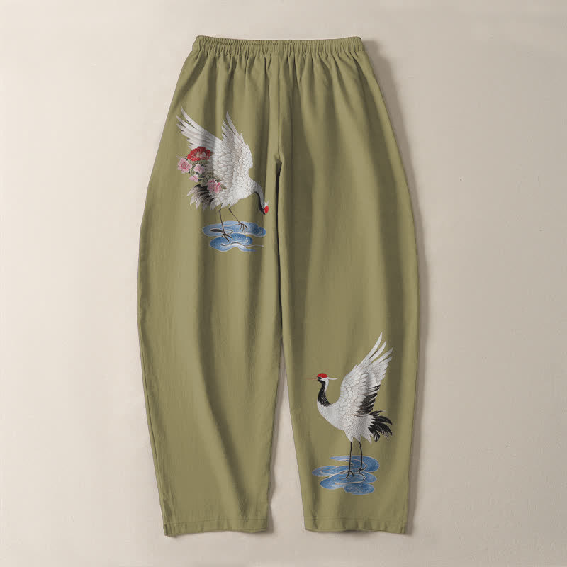Buddha Stones Pantaloni da uomo affusolati in puro cotone con coulisse e tasche, fantasia a gru e corona rossa. - image 14