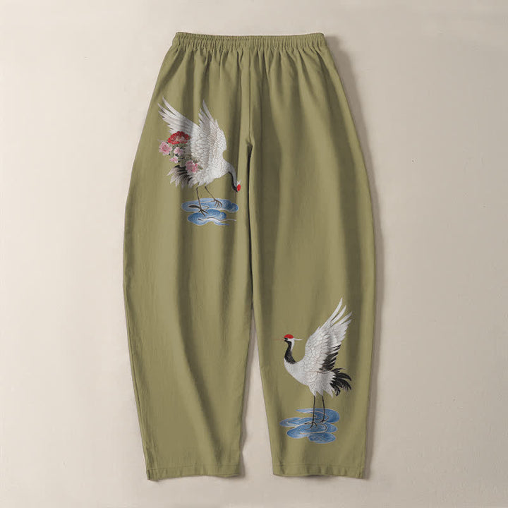 Buddha Stones Pantaloni da uomo affusolati in puro cotone con coulisse e tasche, fantasia a gru e corona rossa. - image 14