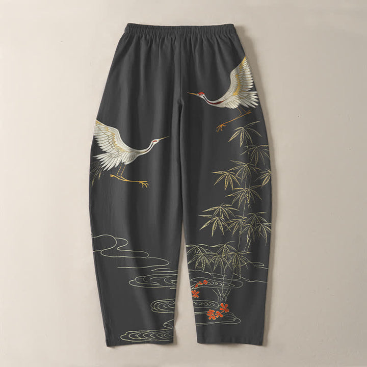 Buddha Stones Pantaloni da uomo affusolati con coulisse e tasche, in puro cotone, con motivo a onde di bambù e stampa gru. - image 3