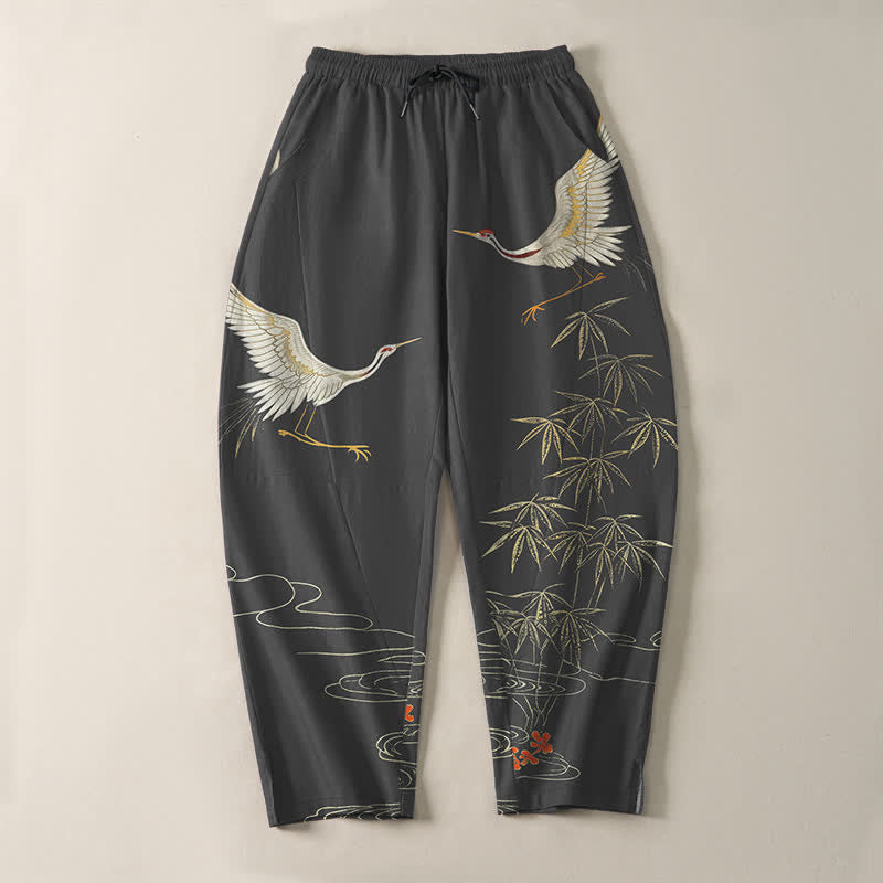 Buddha Stones Pantaloni da uomo affusolati con coulisse e tasche, in puro cotone, con motivo a onde di bambù e stampa gru. - image 2