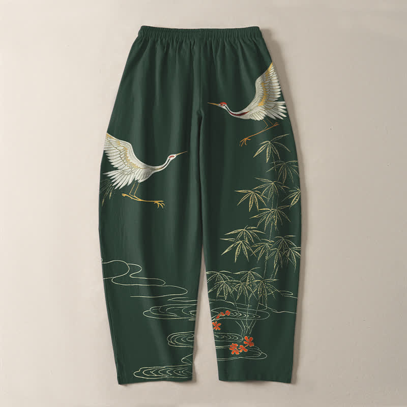 Buddha Stones Pantaloni da uomo affusolati con coulisse e tasche, in puro cotone, con motivo a onde di bambù e stampa gru. - image 14