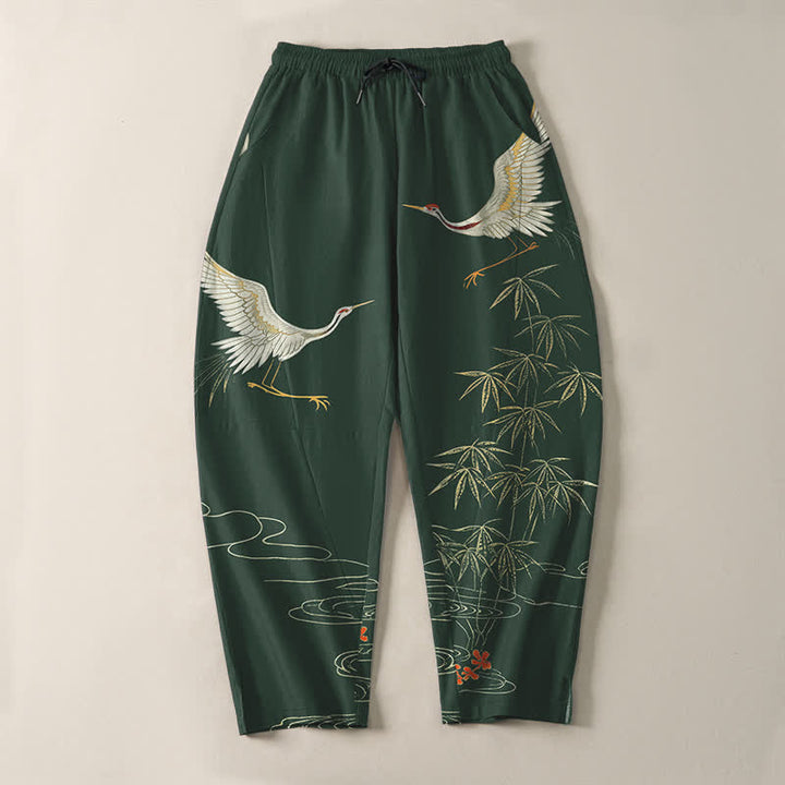 Buddha Stones Pantaloni da uomo affusolati con coulisse e tasche, in puro cotone, con motivo a onde di bambù e stampa gru. - image 13