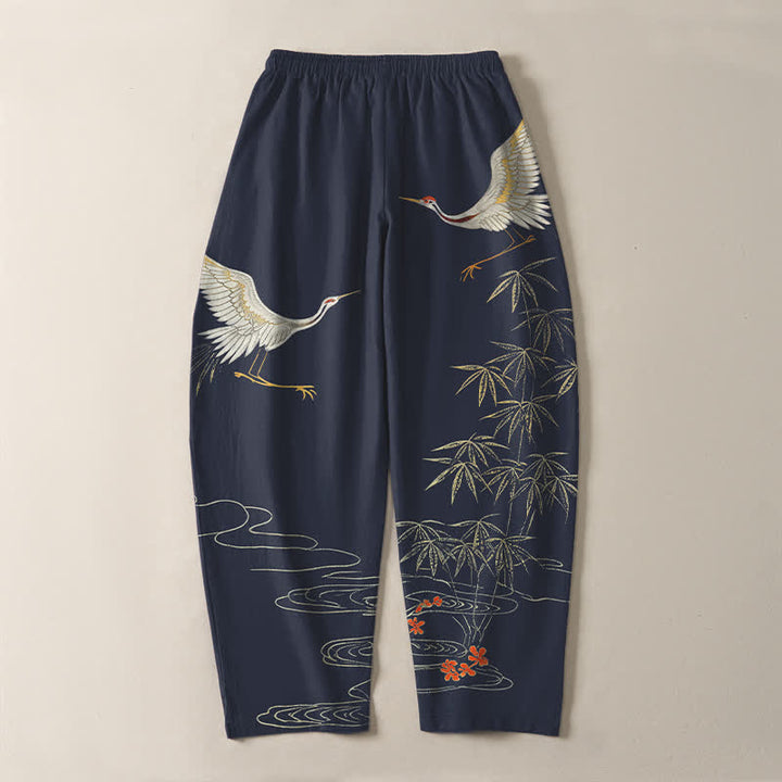 Buddha Stones Pantaloni da uomo affusolati con coulisse e tasche, in puro cotone, con motivo a onde di bambù e stampa gru. - image 10