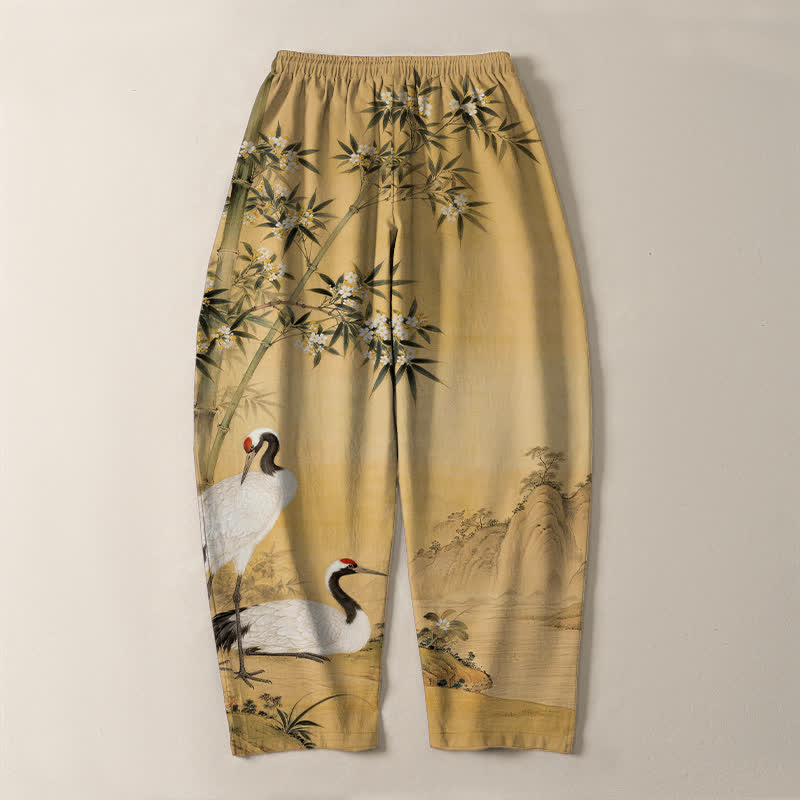 Buddha Stones Pantaloni da uomo affusolati con coulisse e tasche, in puro cotone, con motivo paesaggio di gru e bambù. - image 3