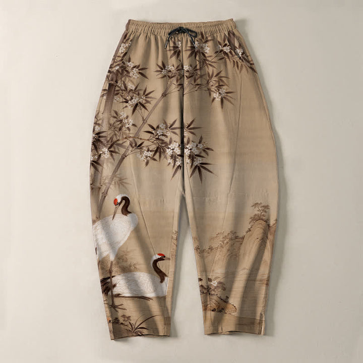 Buddha Stones Pantaloni da uomo affusolati con coulisse e tasche, in puro cotone, con motivo paesaggio di gru e bambù. - image 9