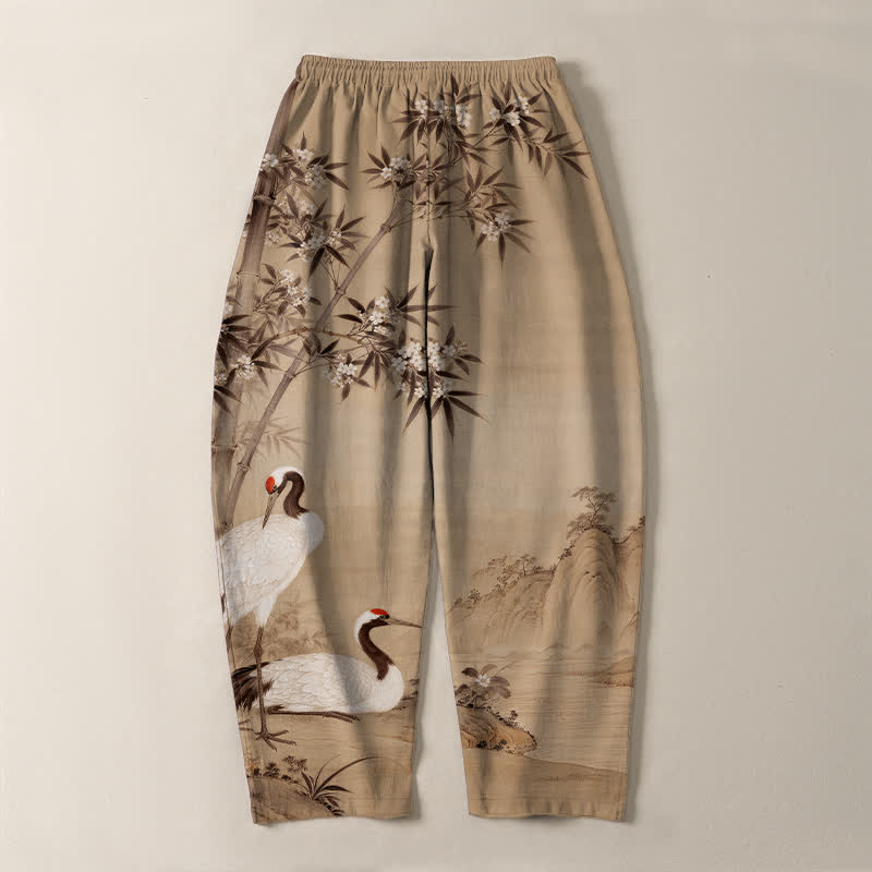 Buddha Stones Pantaloni da uomo affusolati con coulisse e tasche, in puro cotone, con motivo paesaggio di gru e bambù. - image 10