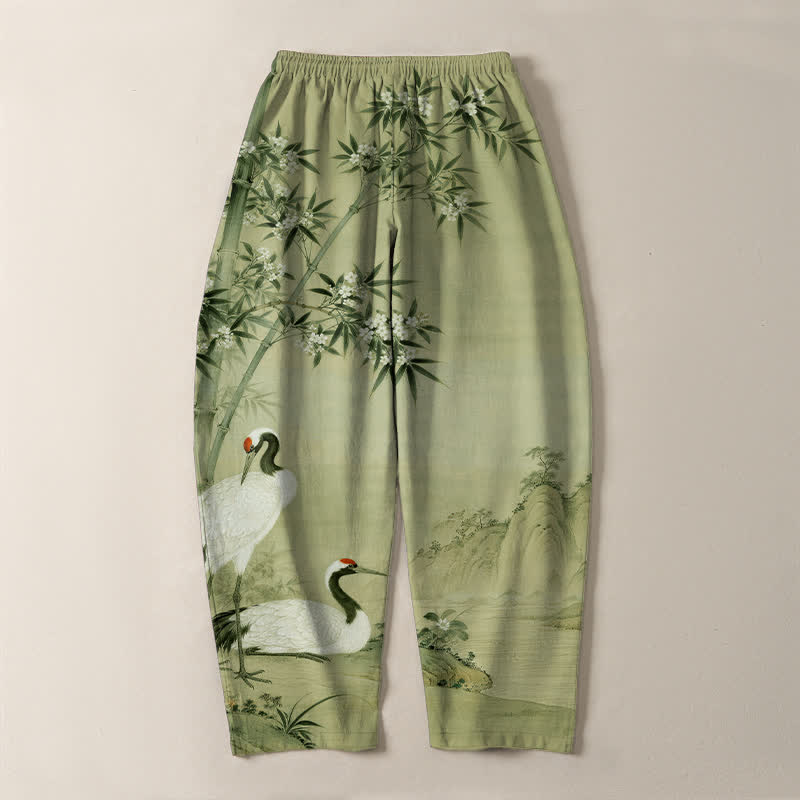 Buddha Stones Pantaloni da uomo affusolati con coulisse e tasche, in puro cotone, con motivo paesaggio di gru e bambù. - image 14