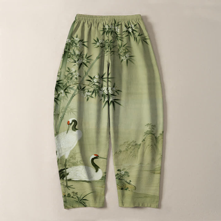 Buddha Stones Pantaloni da uomo affusolati con coulisse e tasche, in puro cotone, con motivo paesaggio di gru e bambù. - image 14