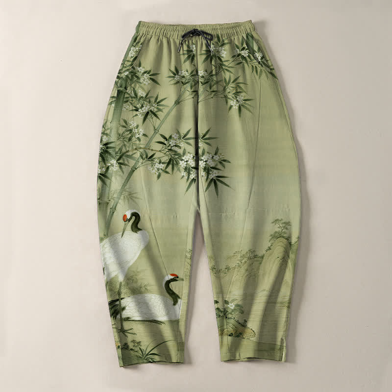 Buddha Stones Pantaloni da uomo affusolati con coulisse e tasche, in puro cotone, con motivo paesaggio di gru e bambù. - image 13