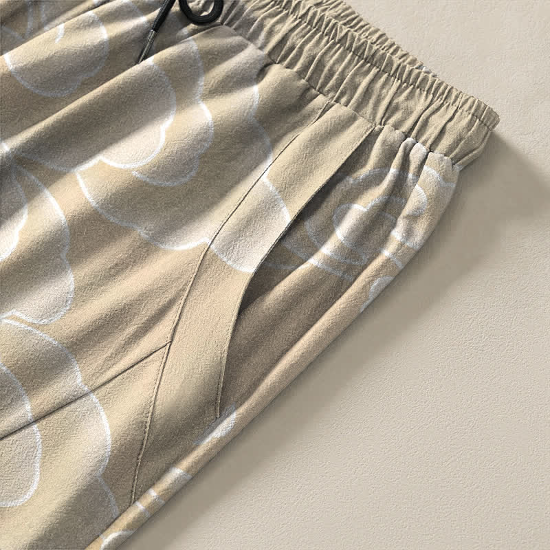 Buddha Stones Pantaloni da uomo affusolati con coulisse e tasche, in puro cotone, con motivo "Nuvola di buon auspicio e uccellino". - image 4