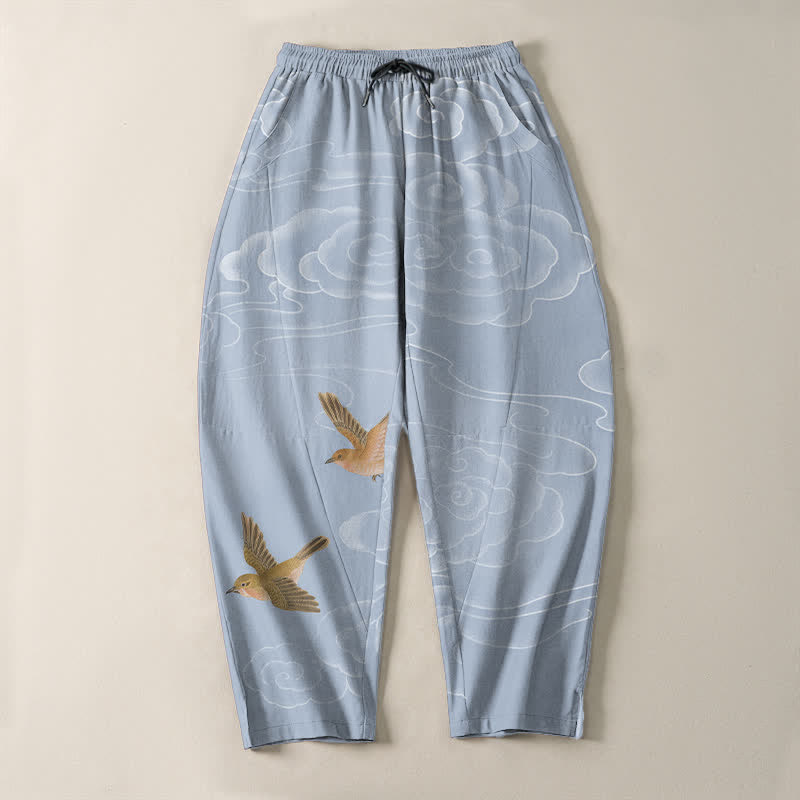 Buddha Stones Pantaloni da uomo affusolati con coulisse e tasche, in puro cotone, con motivo "Nuvola di buon auspicio e uccellino". - image 9