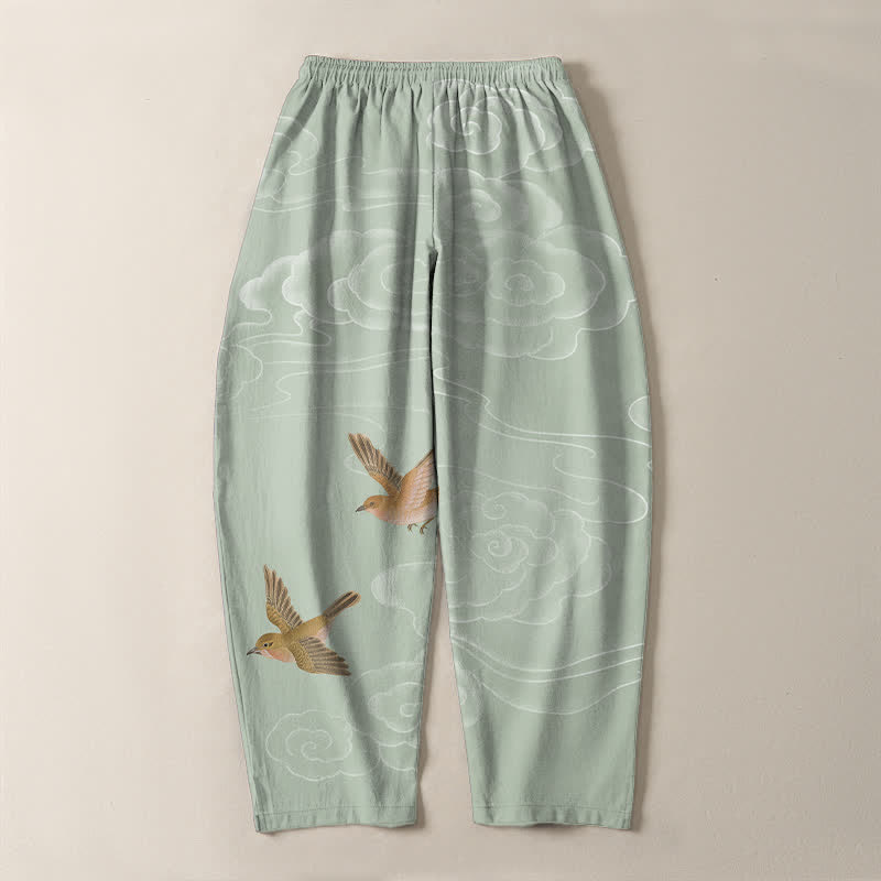 Buddha Stones Pantaloni da uomo affusolati con coulisse e tasche, in puro cotone, con motivo "Nuvola di buon auspicio e uccellino". - image 14