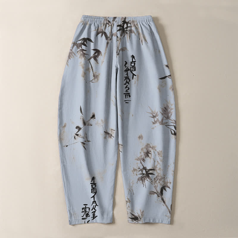 Buddha Stones Pantaloni da uomo affusolati con coulisse e tasche, in puro cotone, con motivo calligrafico Bamboo Ink e stampa a inchiostro. - image 10