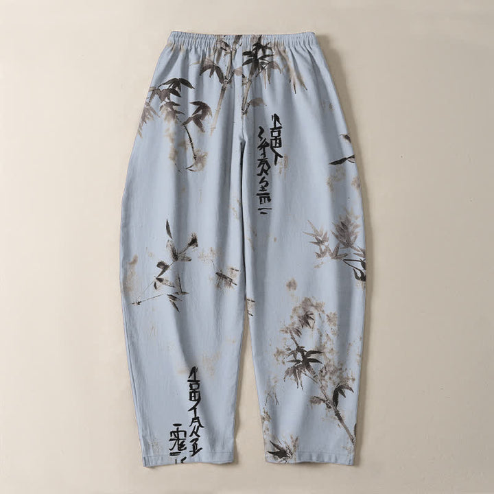 Buddha Stones Pantaloni da uomo affusolati con coulisse e tasche, in puro cotone, con motivo calligrafico Bamboo Ink e stampa a inchiostro. - image 10