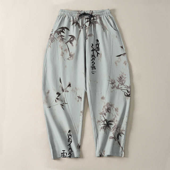Buddha Stones Pantaloni da uomo affusolati con coulisse e tasche, in puro cotone, con motivo calligrafico Bamboo Ink e stampa a inchiostro. - image 13