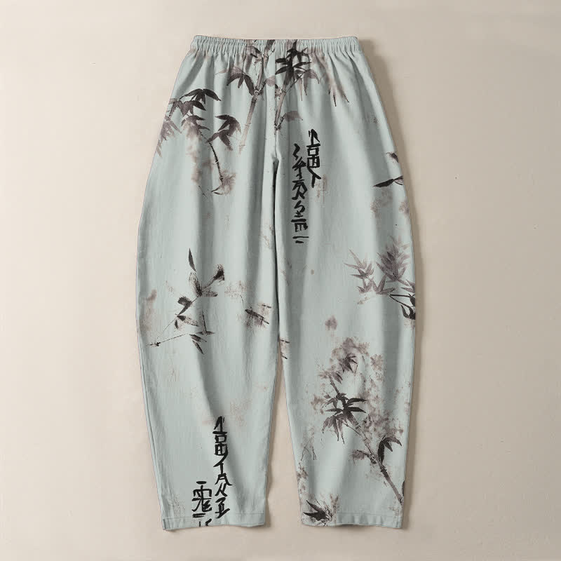 Buddha Stones Pantaloni da uomo affusolati con coulisse e tasche, in puro cotone, con motivo calligrafico Bamboo Ink e stampa a inchiostro. - image 14